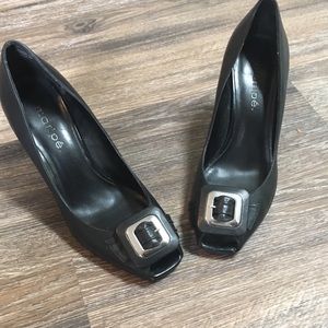 Size 9 black peep toe heels with silver buckle